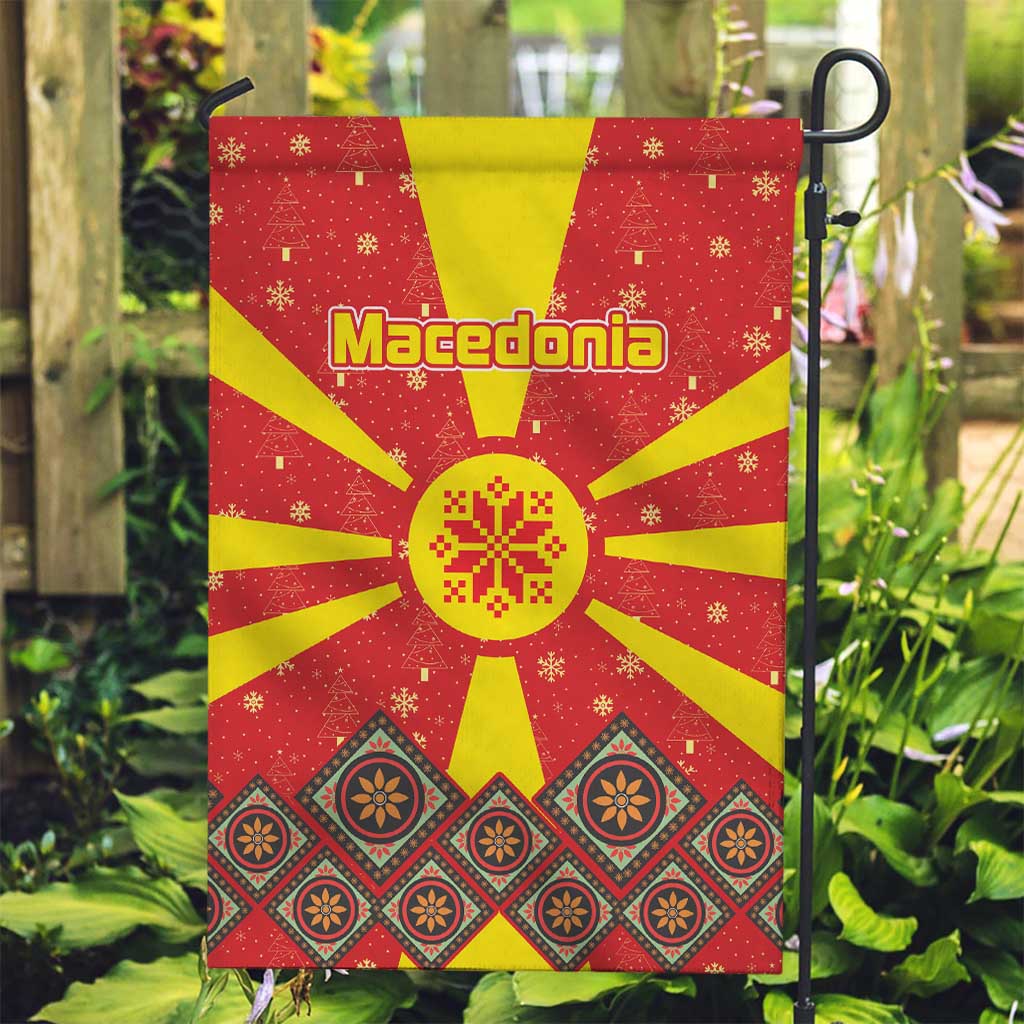 Macedonia Christmas Garden Flag with Yellow Sun, Santa, and Festive Tree Motif - Wonder Print Shop