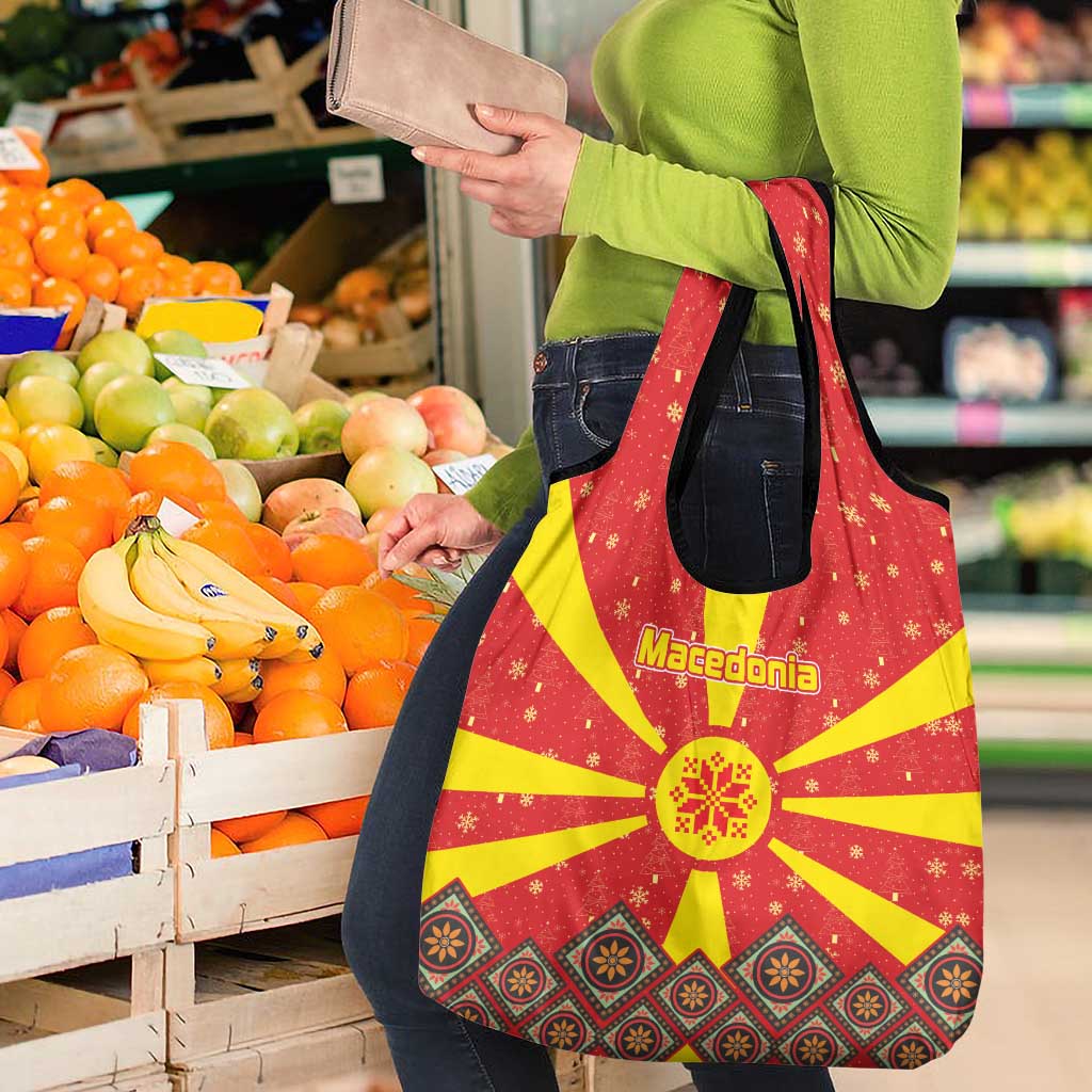 Macedonia Christmas Grocery Bag with Yellow Sun, Santa, and Festive Tree Motif - Wonder Print Shop
