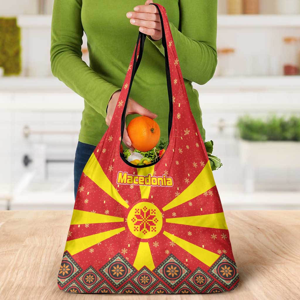 Macedonia Christmas Grocery Bag with Yellow Sun, Santa, and Festive Tree Motif - Wonder Print Shop
