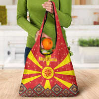 Macedonia Christmas Grocery Bag with Yellow Sun, Santa, and Festive Tree Motif - Wonder Print Shop