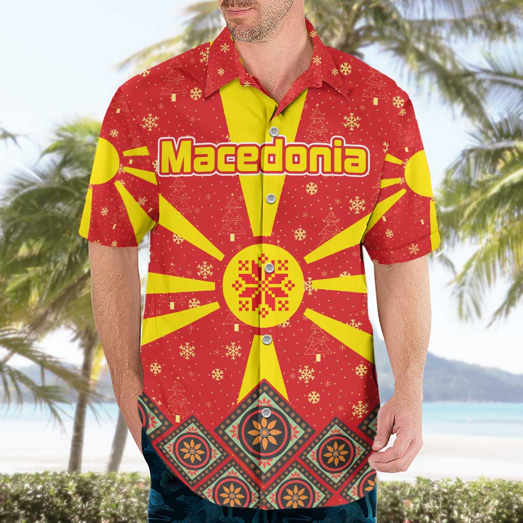 Macedonia Christmas Hawaiian Shirt with Yellow Sun, Santa, and Festive Tree Motif - Wonder Print Shop