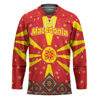 Macedonia Christmas Hockey Jersey with Yellow Sun, Santa, and Festive Tree Motif - Wonder Print Shop
