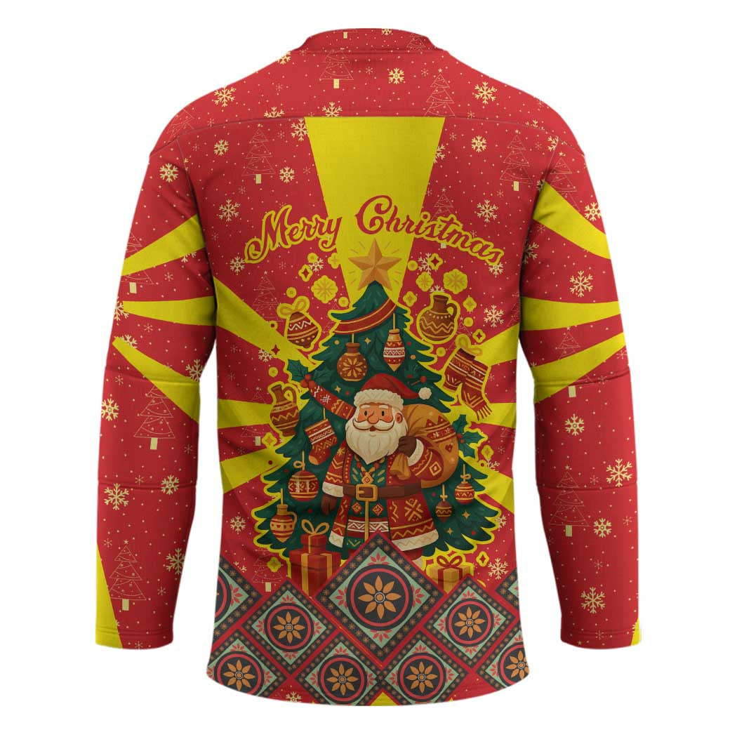 Macedonia Christmas Hockey Jersey with Yellow Sun, Santa, and Festive Tree Motif - Wonder Print Shop