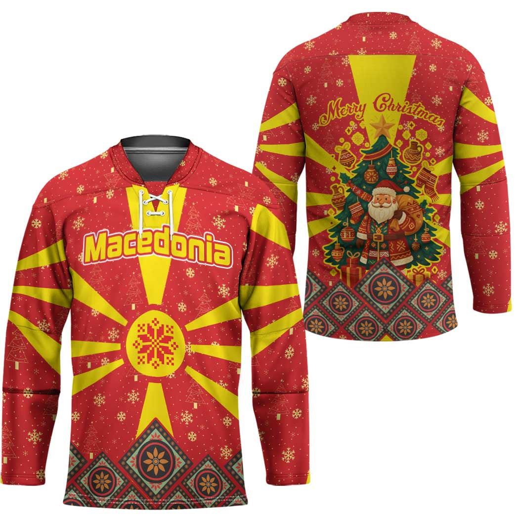 Macedonia Christmas Hockey Jersey with Yellow Sun, Santa, and Festive Tree Motif - Wonder Print Shop