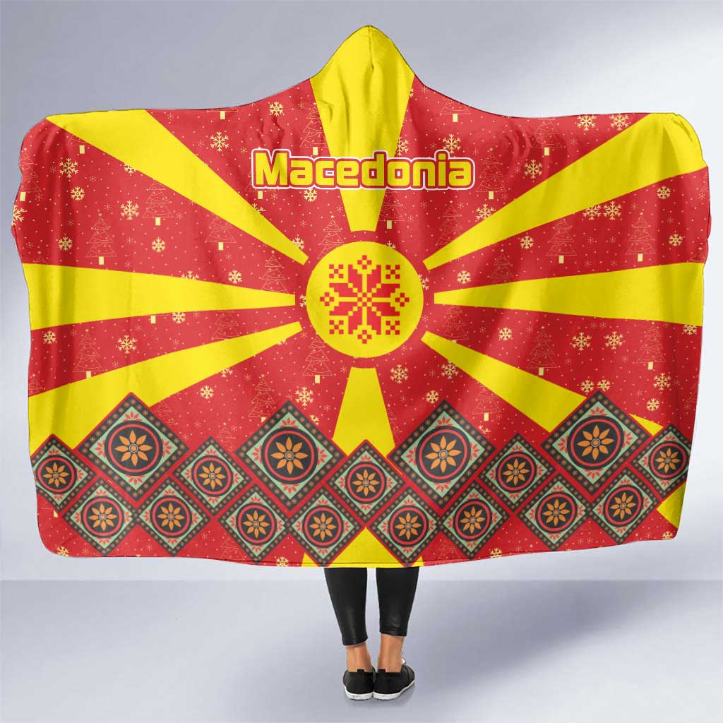 Macedonia Christmas Hooded Blanket with Yellow Sun, Santa, and Festive Tree Motif - Wonder Print Shop