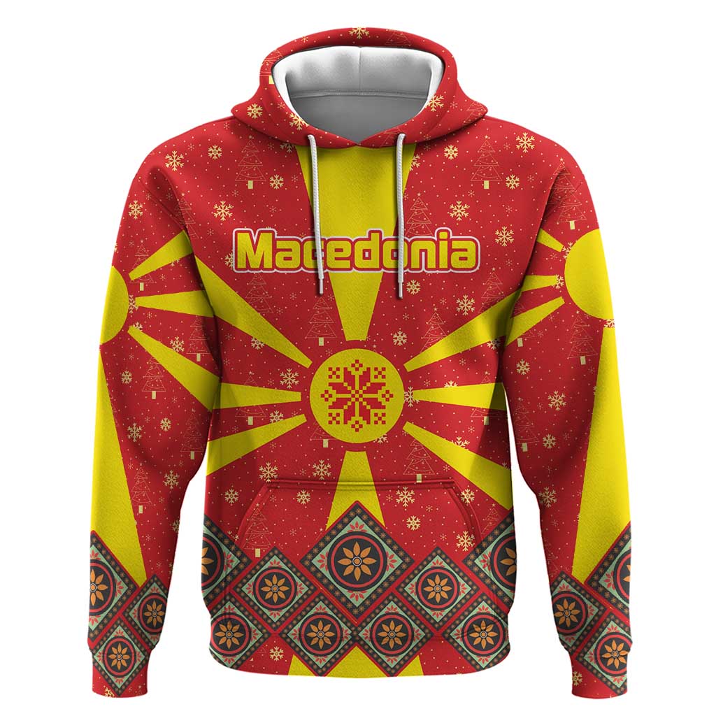 Macedonia Christmas Hoodie with Yellow Sun, Santa, and Festive Tree Motif - Wonder Print Shop