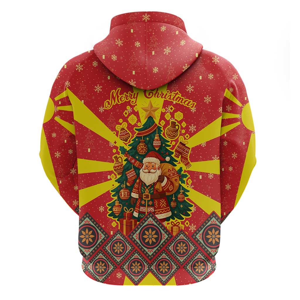 Macedonia Christmas Hoodie with Yellow Sun, Santa, and Festive Tree Motif - Wonder Print Shop