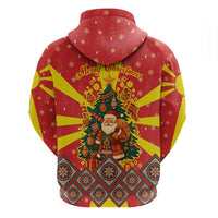 Macedonia Christmas Hoodie with Yellow Sun, Santa, and Festive Tree Motif - Wonder Print Shop