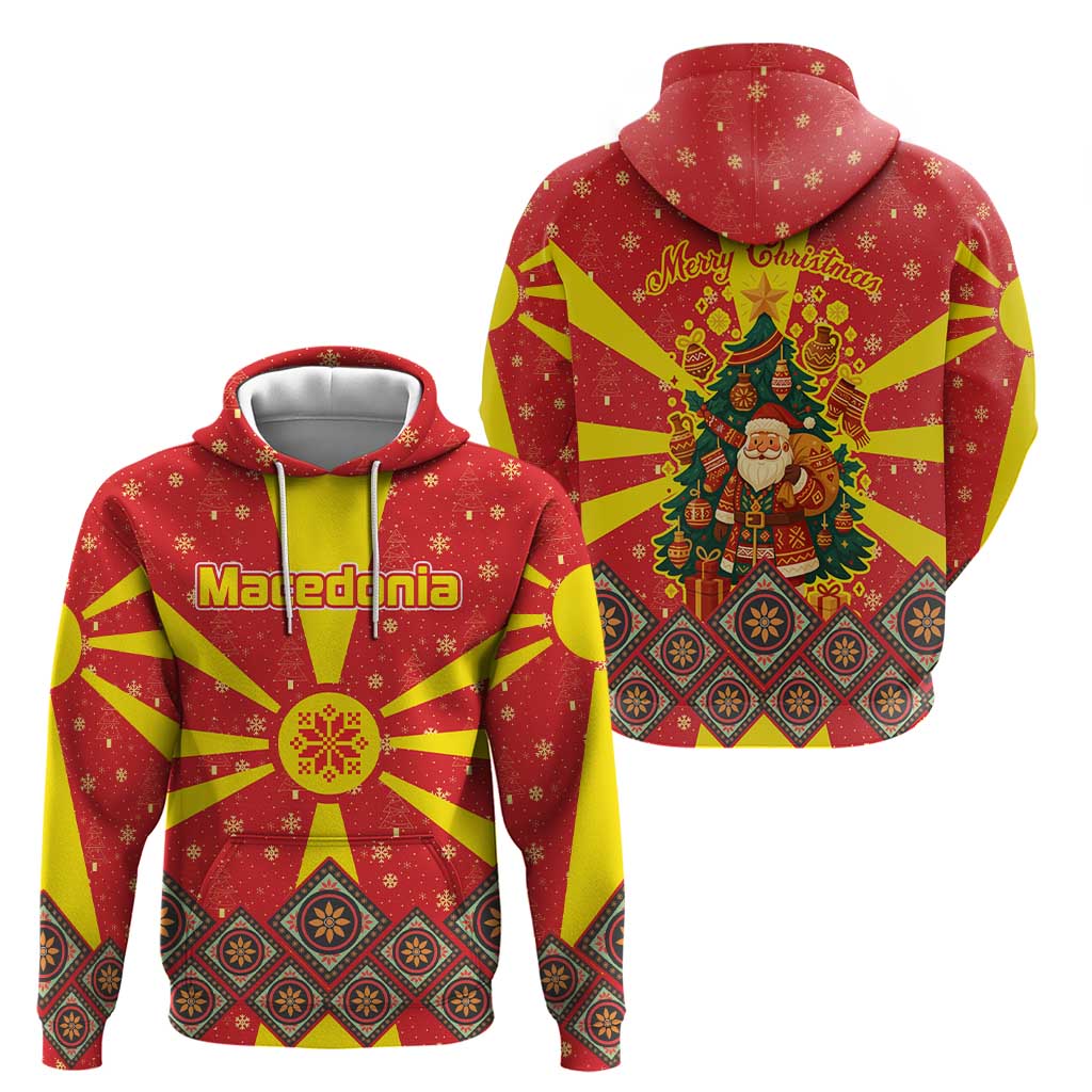 Macedonia Christmas Hoodie with Yellow Sun, Santa, and Festive Tree Motif - Wonder Print Shop