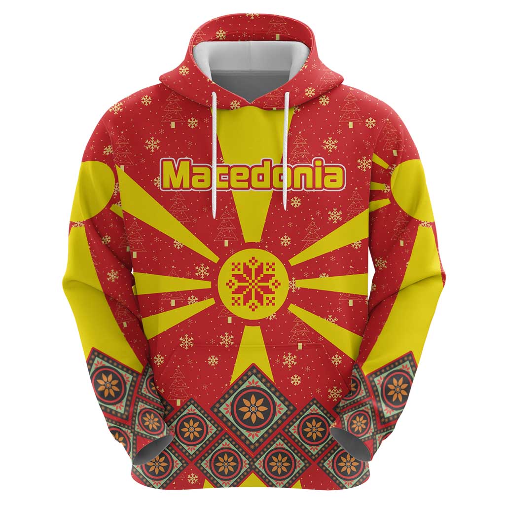 Macedonia Christmas Hoodie with Yellow Sun, Santa, and Festive Tree Motif - Wonder Print Shop