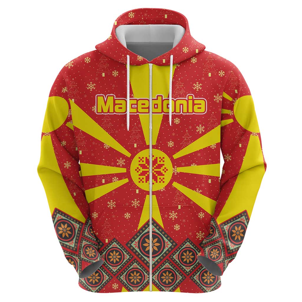 Macedonia Christmas Hoodie with Yellow Sun, Santa, and Festive Tree Motif - Wonder Print Shop