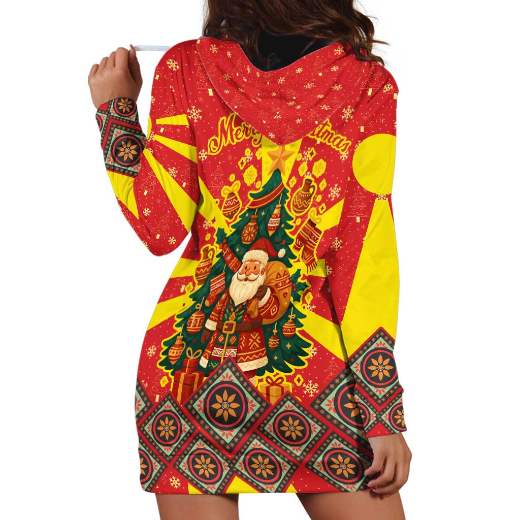 Macedonia Christmas Hoodie Dress with Yellow Sun, Santa, and Festive Tree Motif - Wonder Print Shop