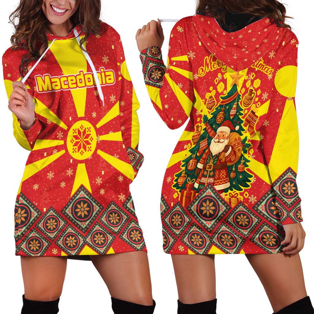 Macedonia Christmas Hoodie Dress with Yellow Sun, Santa, and Festive Tree Motif - Wonder Print Shop