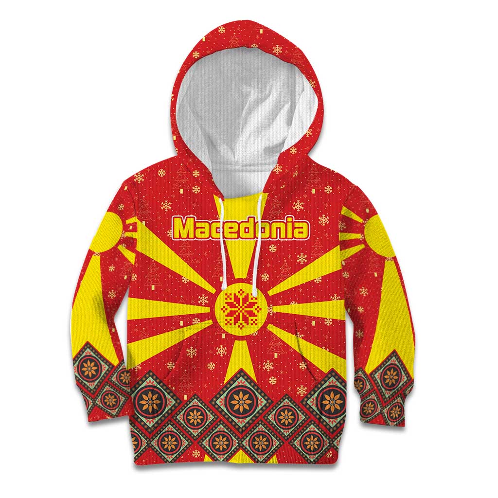 Macedonia Christmas Kid Hoodie with Yellow Sun, Santa, and Festive Tree Motif - Wonder Print Shop