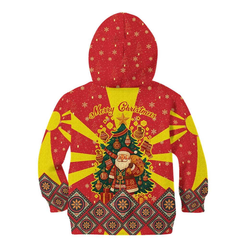 Macedonia Christmas Kid Hoodie with Yellow Sun, Santa, and Festive Tree Motif - Wonder Print Shop