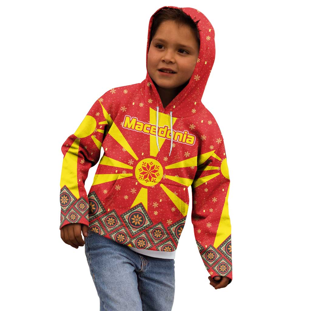 Macedonia Christmas Kid Hoodie with Yellow Sun, Santa, and Festive Tree Motif - Wonder Print Shop