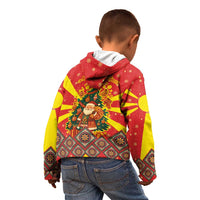 Macedonia Christmas Kid Hoodie with Yellow Sun, Santa, and Festive Tree Motif - Wonder Print Shop