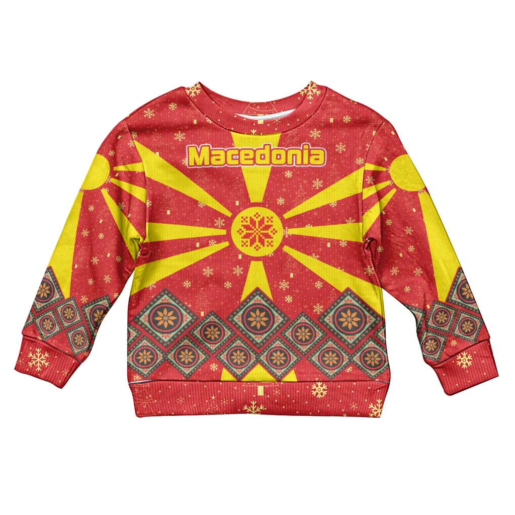 Macedonia Christmas Kid Ugly Christmas Sweater with Yellow Sun, Santa, and Festive Tree Motif - Wonder Print Shop