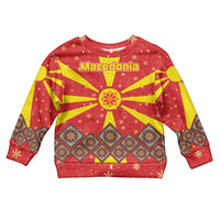 Macedonia Christmas Kid Ugly Christmas Sweater with Yellow Sun, Santa, and Festive Tree Motif - Wonder Print Shop