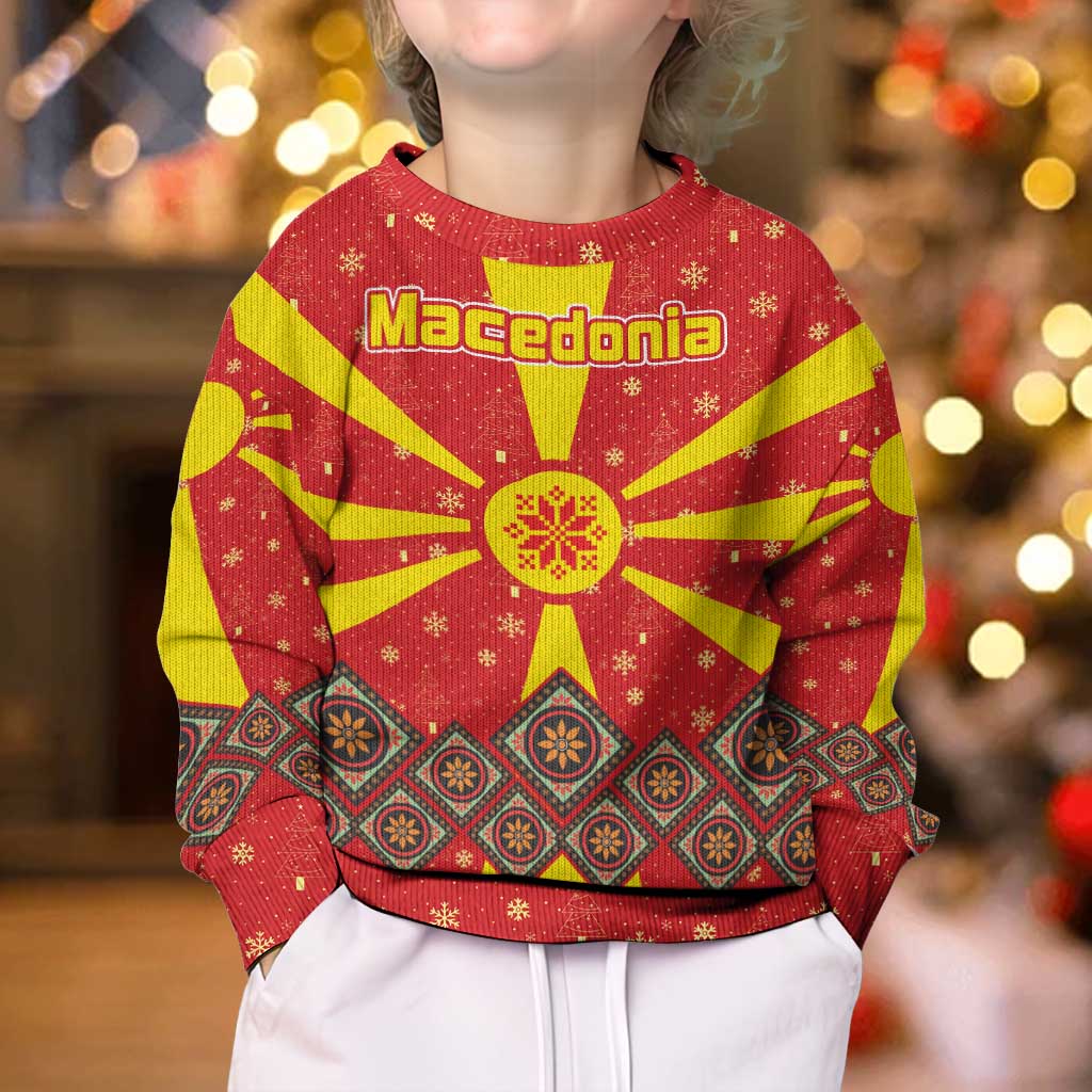 Macedonia Christmas Kid Ugly Christmas Sweater with Yellow Sun, Santa, and Festive Tree Motif - Wonder Print Shop