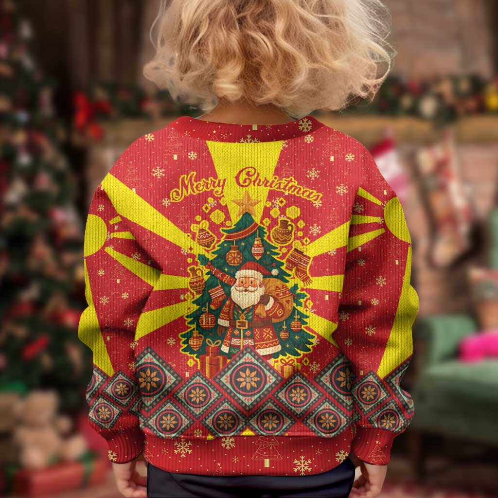 Macedonia Christmas Kid Ugly Christmas Sweater with Yellow Sun, Santa, and Festive Tree Motif - Wonder Print Shop