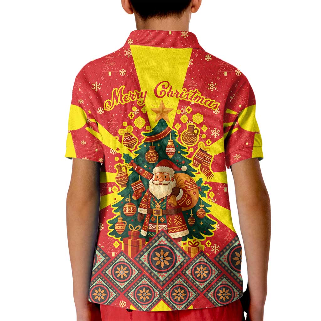 Macedonia Christmas Kid Polo Shirt with Yellow Sun, Santa, and Festive Tree Motif - Wonder Print Shop