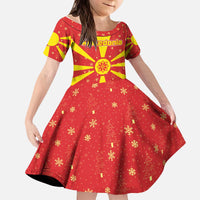 Macedonia Christmas Kid Short Sleeve Dress with Yellow Sun, Santa, and Festive Tree Motif - Wonder Print Shop