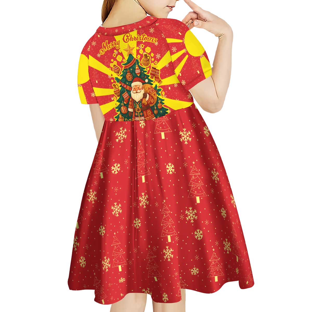Macedonia Christmas Kid Short Sleeve Dress with Yellow Sun, Santa, and Festive Tree Motif - Wonder Print Shop