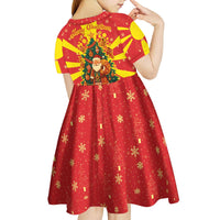 Macedonia Christmas Kid Short Sleeve Dress with Yellow Sun, Santa, and Festive Tree Motif - Wonder Print Shop