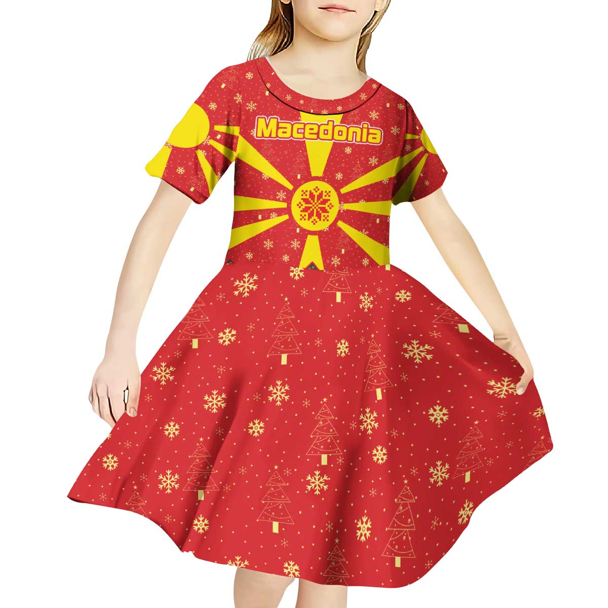 Macedonia Christmas Kid Short Sleeve Dress with Yellow Sun, Santa, and Festive Tree Motif - Wonder Print Shop