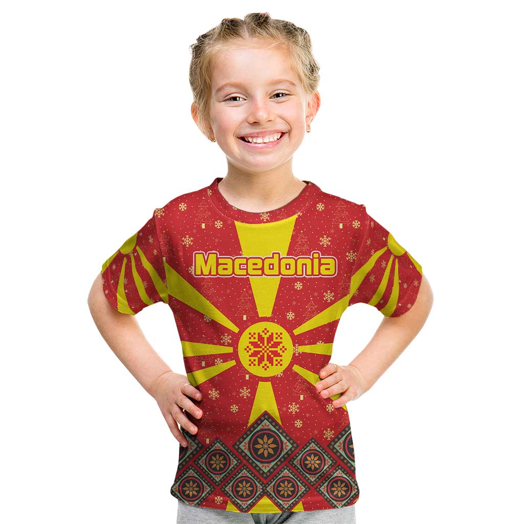 Macedonia Christmas Kid T Shirt with Yellow Sun, Santa, and Festive Tree Motif - Wonder Print Shop