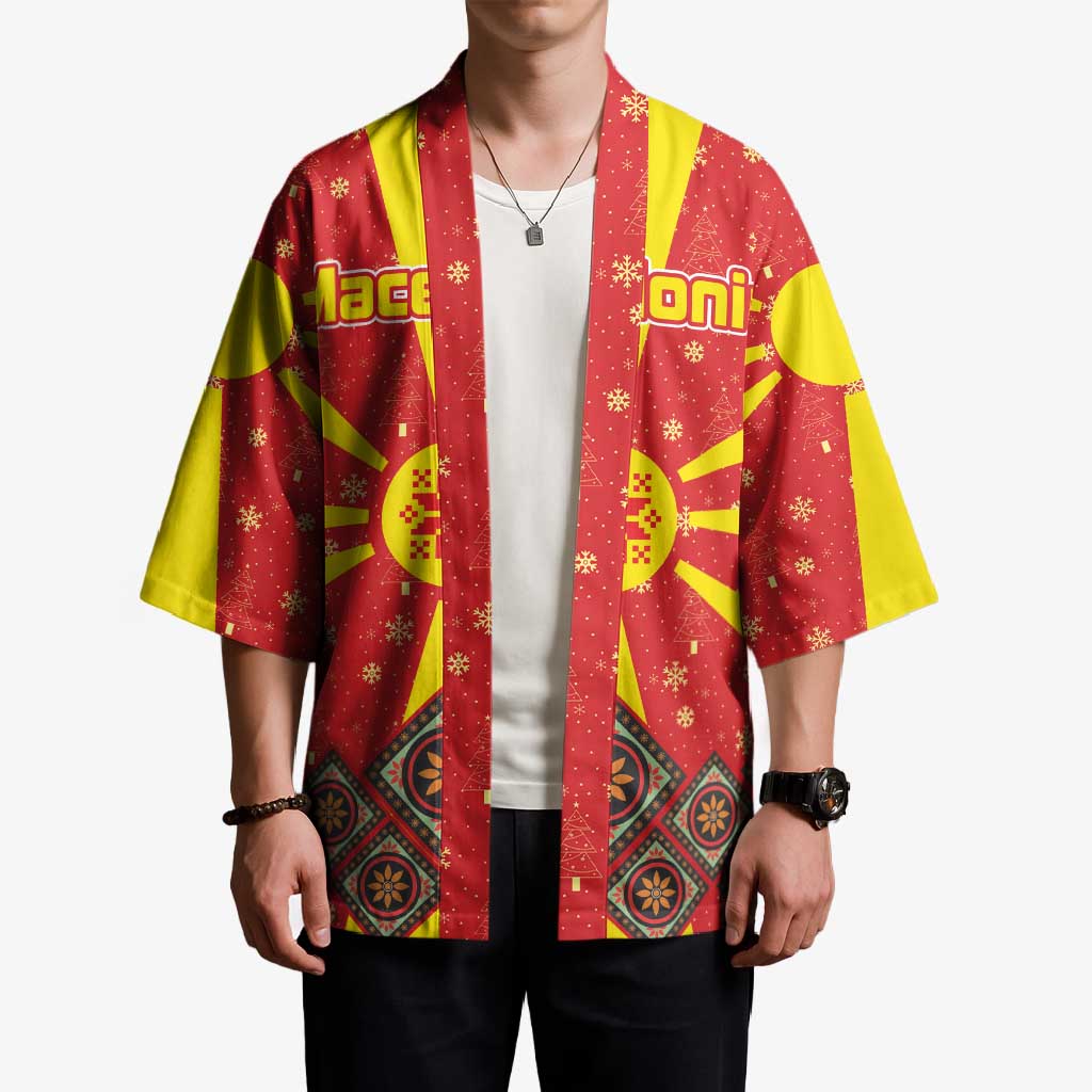 Macedonia Christmas Kimono with Yellow Sun, Santa, and Festive Tree Motif - Wonder Print Shop