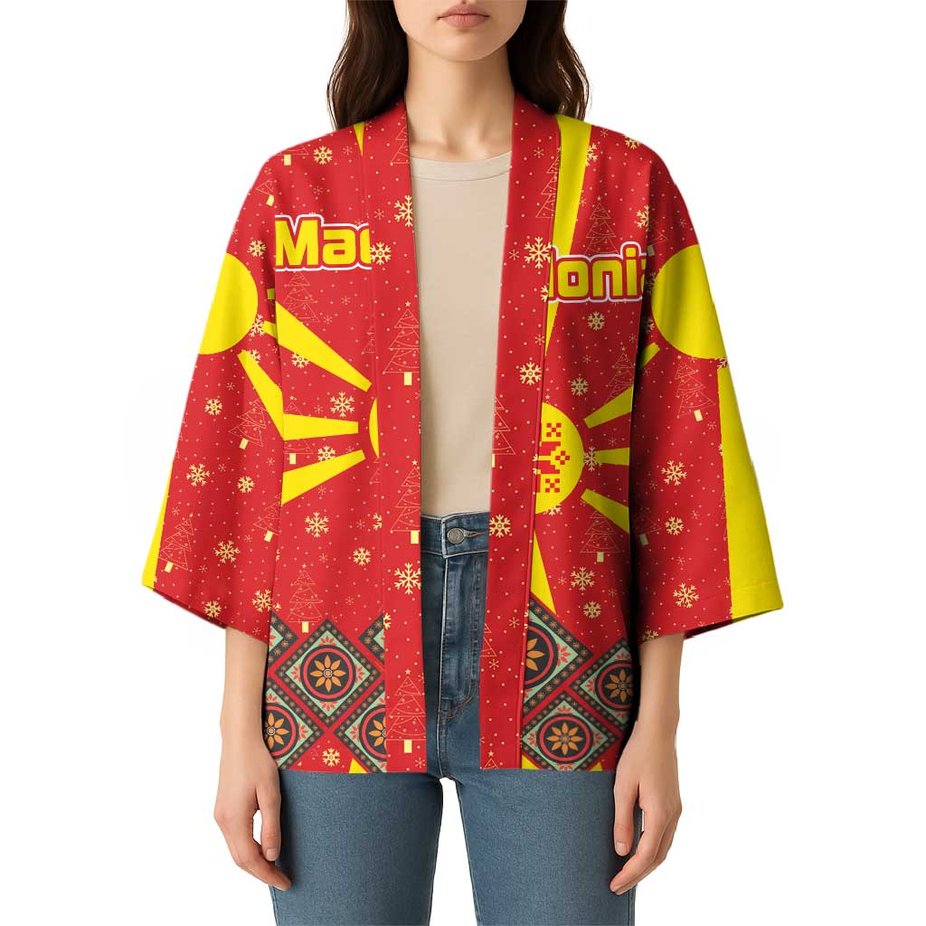 Macedonia Christmas Kimono with Yellow Sun, Santa, and Festive Tree Motif - Wonder Print Shop