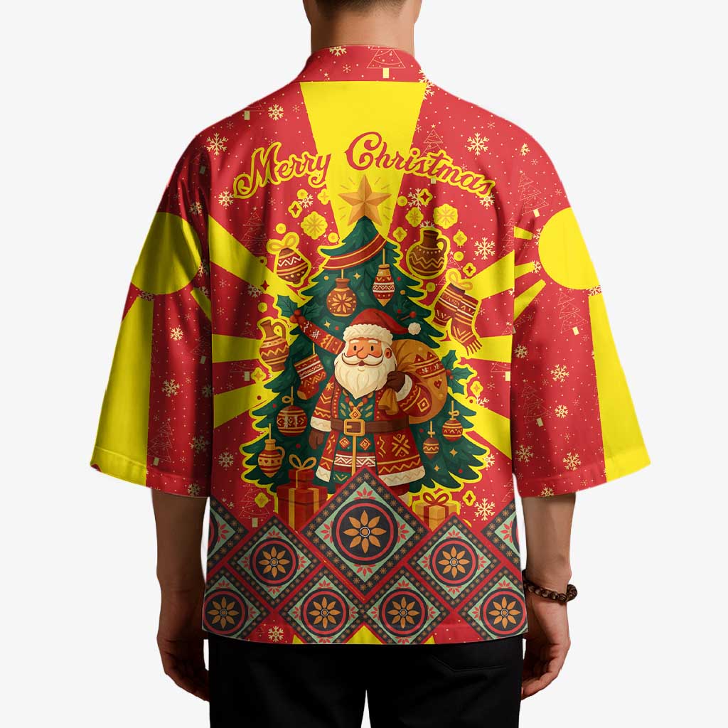 Macedonia Christmas Kimono with Yellow Sun, Santa, and Festive Tree Motif - Wonder Print Shop
