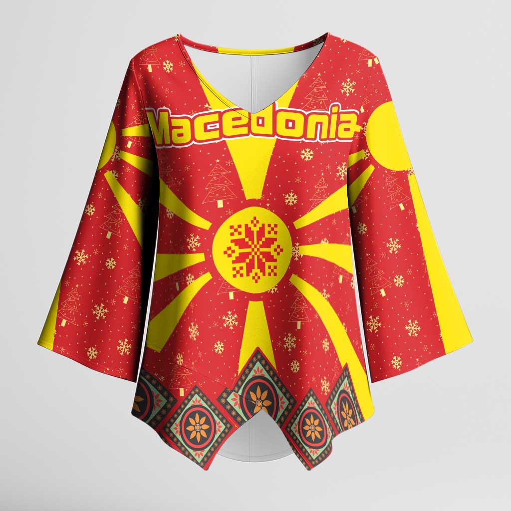 Macedonia Christmas Kimono Sleeve Blouse with Yellow Sun, Santa, and Festive Tree Motif - Wonder Print Shop