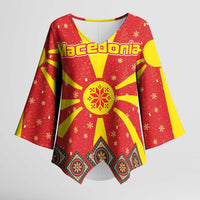 Macedonia Christmas Kimono Sleeve Blouse with Yellow Sun, Santa, and Festive Tree Motif - Wonder Print Shop