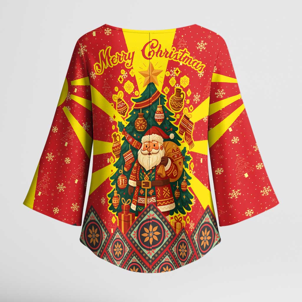 Macedonia Christmas Kimono Sleeve Blouse with Yellow Sun, Santa, and Festive Tree Motif - Wonder Print Shop