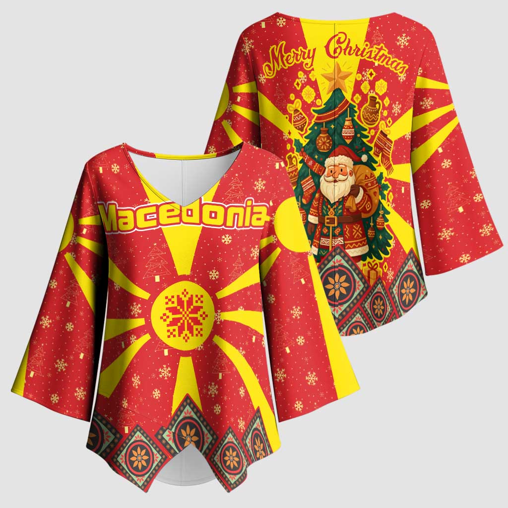 Macedonia Christmas Kimono Sleeve Blouse with Yellow Sun, Santa, and Festive Tree Motif - Wonder Print Shop