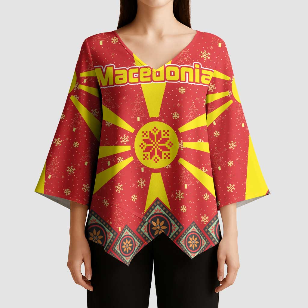Macedonia Christmas Kimono Sleeve Blouse with Yellow Sun, Santa, and Festive Tree Motif - Wonder Print Shop