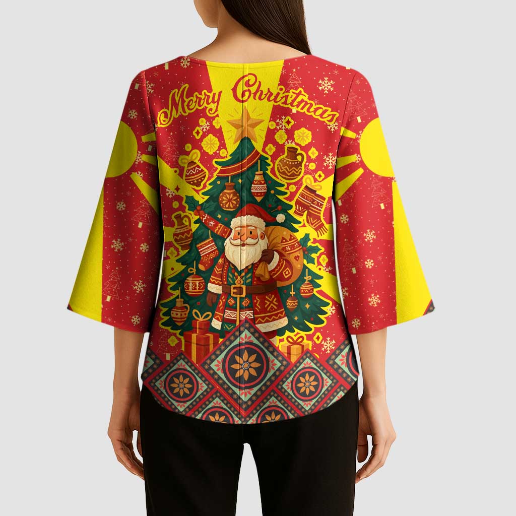 Macedonia Christmas Kimono Sleeve Blouse with Yellow Sun, Santa, and Festive Tree Motif - Wonder Print Shop
