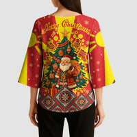 Macedonia Christmas Kimono Sleeve Blouse with Yellow Sun, Santa, and Festive Tree Motif - Wonder Print Shop