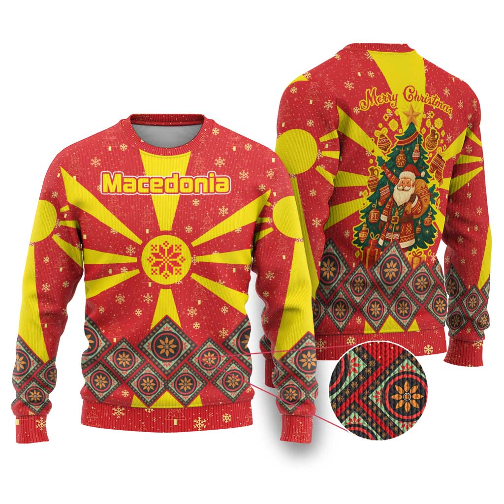 Macedonia Christmas Ugly Christmas Sweater with Yellow Sun, Santa, and Festive Tree Motif - Wonder Print Shop