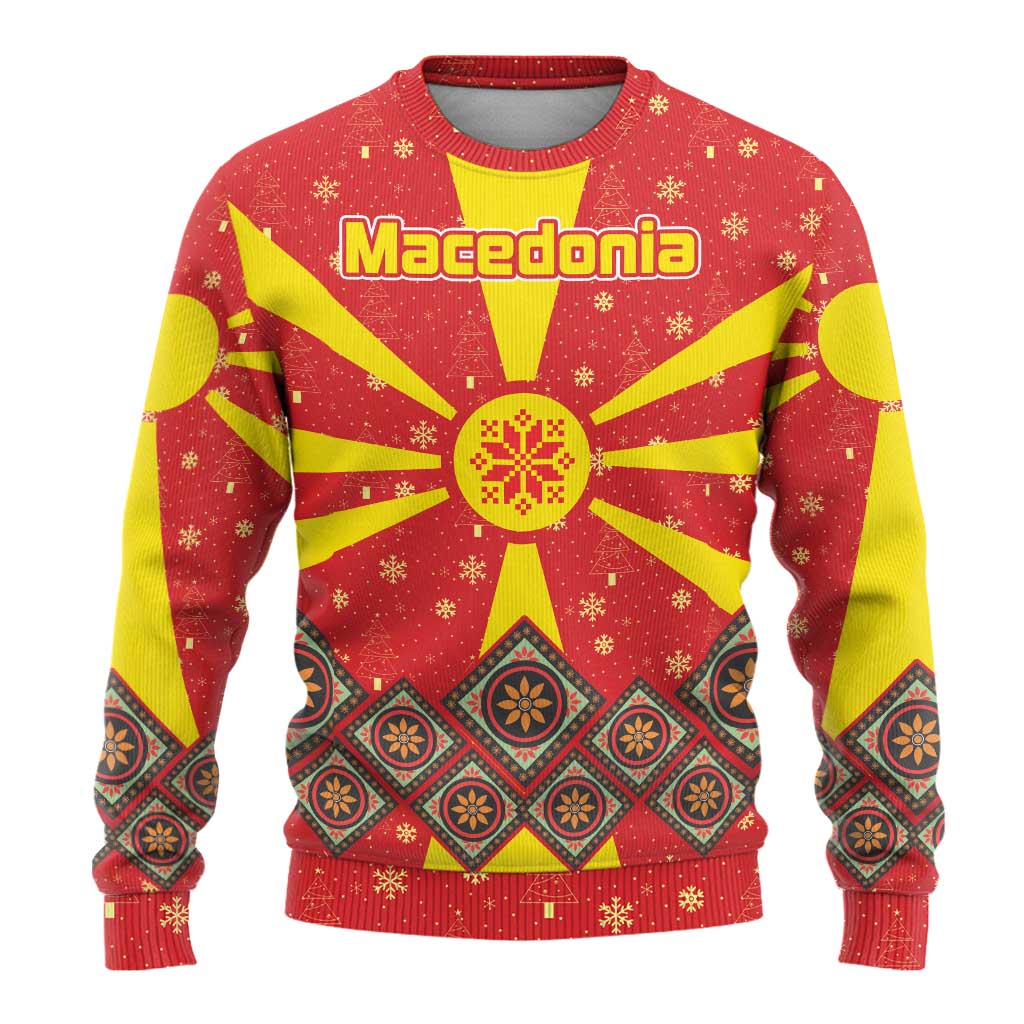 Macedonia Christmas Ugly Christmas Sweater with Yellow Sun, Santa, and Festive Tree Motif - Wonder Print Shop