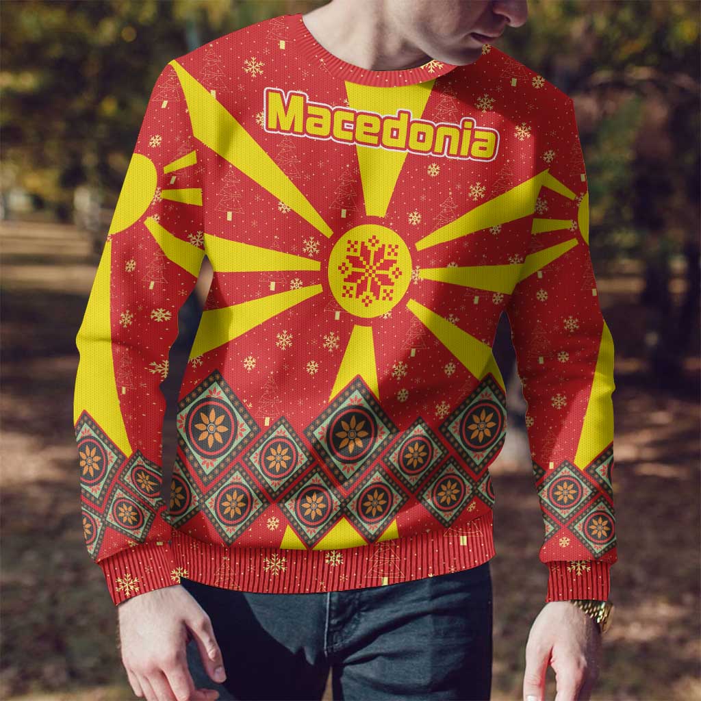 Macedonia Christmas Ugly Christmas Sweater with Yellow Sun, Santa, and Festive Tree Motif - Wonder Print Shop