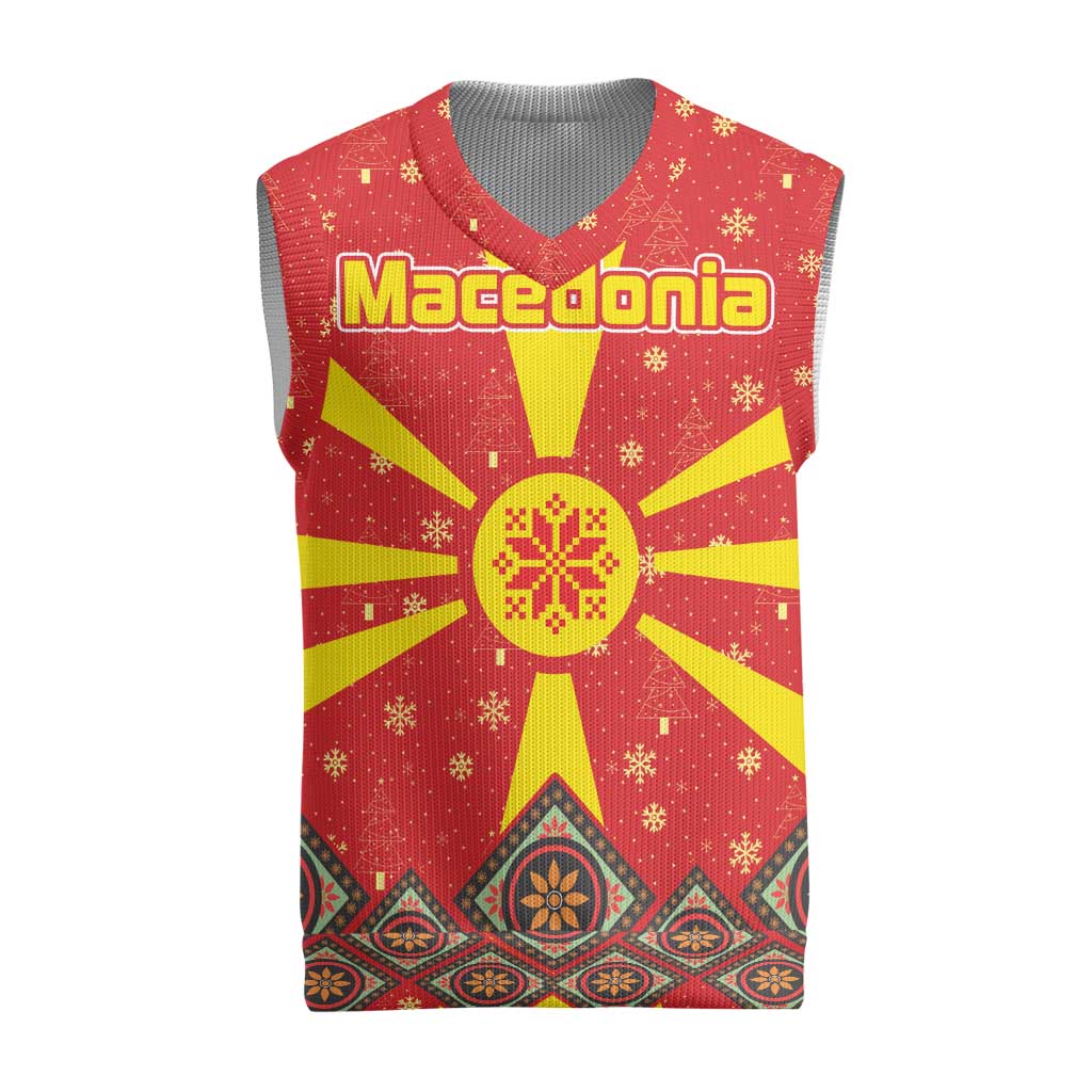 Macedonia Christmas Knitted V-Neck Vest with Yellow Sun, Santa, and Festive Tree Motif - Wonder Print Shop