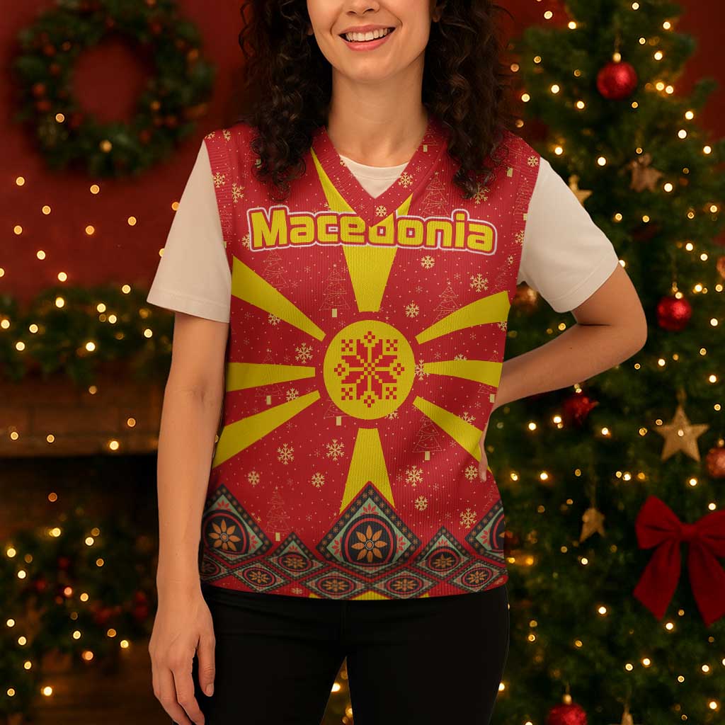 Macedonia Christmas Knitted V-Neck Vest with Yellow Sun, Santa, and Festive Tree Motif - Wonder Print Shop