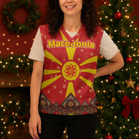 Macedonia Christmas Knitted V-Neck Vest with Yellow Sun, Santa, and Festive Tree Motif - Wonder Print Shop