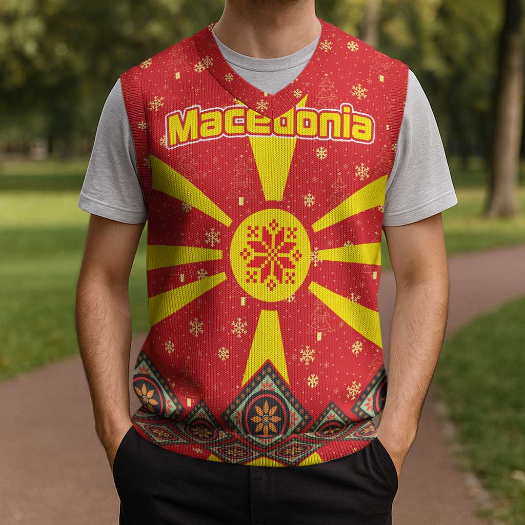 Macedonia Christmas Knitted V-Neck Vest with Yellow Sun, Santa, and Festive Tree Motif - Wonder Print Shop