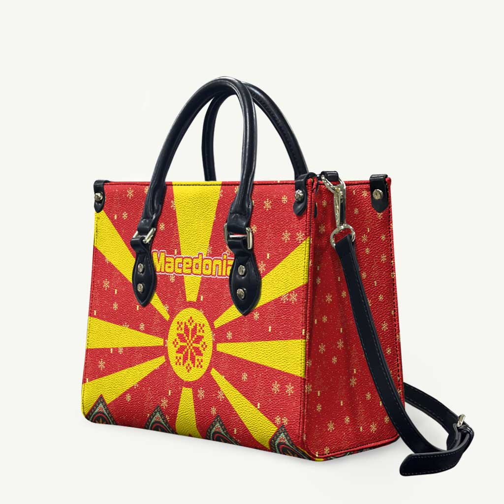 Macedonia Christmas Leather Bag with Yellow Sun, Santa, and Festive Tree Motif - Wonder Print Shop