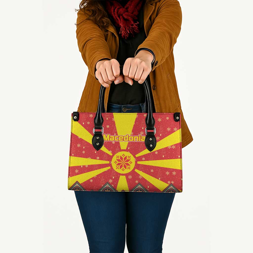 Macedonia Christmas Leather Bag with Yellow Sun, Santa, and Festive Tree Motif - Wonder Print Shop